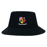 The Erie Rugby Club Crusher Bucket Cap by EMB S&S Activewear is a black cotton hat with a crest of US, UK, and Pennsylvania flags above an "Erie Rugby Club" banner—blending classic style and sun protection for every fan.