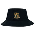 The EMB S&S Activewear Exiles Rugby Football Club Crusher Bucket Cap is a black cotton twill hat featuring a multicolored crest with "EXILES RFC" embroidered on the front—stylish sun protection for any occasion.