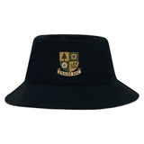 The EMB S&S Activewear Exiles Rugby Football Club Crusher Bucket Cap is a black cotton twill hat featuring a multicolored crest with "EXILES RFC" embroidered on the front—stylish sun protection for any occasion.