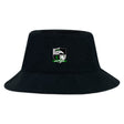 The Eagle High Mustangs Crusher Bucket Cap by EMB S&S Activewear is a black cotton hat with a shield logo featuring a horse, rugby ball, and "EQTAR RUGBY" text—delivering stylish sun protection for rugby fans.