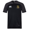 The Exiles Rugby Football Club Vapodri Evader Jersey by EMB Canterbury is a black short-sleeve rugby shirt with the Canterbury logo on the right chest and Exiles RFC crest on the left, featuring moisture-wicking Vapodri technology for comfort.