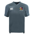 The Erie Rugby Club Vapodri Evader Jersey by EMB Canterbury is a plain grey short-sleeve rugby jersey featuring the Canterbury logo and a multi-flag crest with banner on the chest, designed in the signature Evader style.