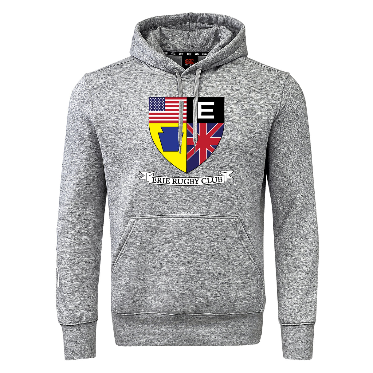The Erie Rugby Club Club Hoodie by WRS Canterbury is a gray hoodie featuring a shield with American, British, and club emblems above the text "ERIE RUGBY CLUB.