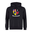 The Erie Rugby Club Club Hoodie by WRS Canterbury features US, UK, and Erie flag emblems above "ERIE RUGBY CLUB" on the front, with a white sleeve design—ideal for any rugby club hoodie collection.