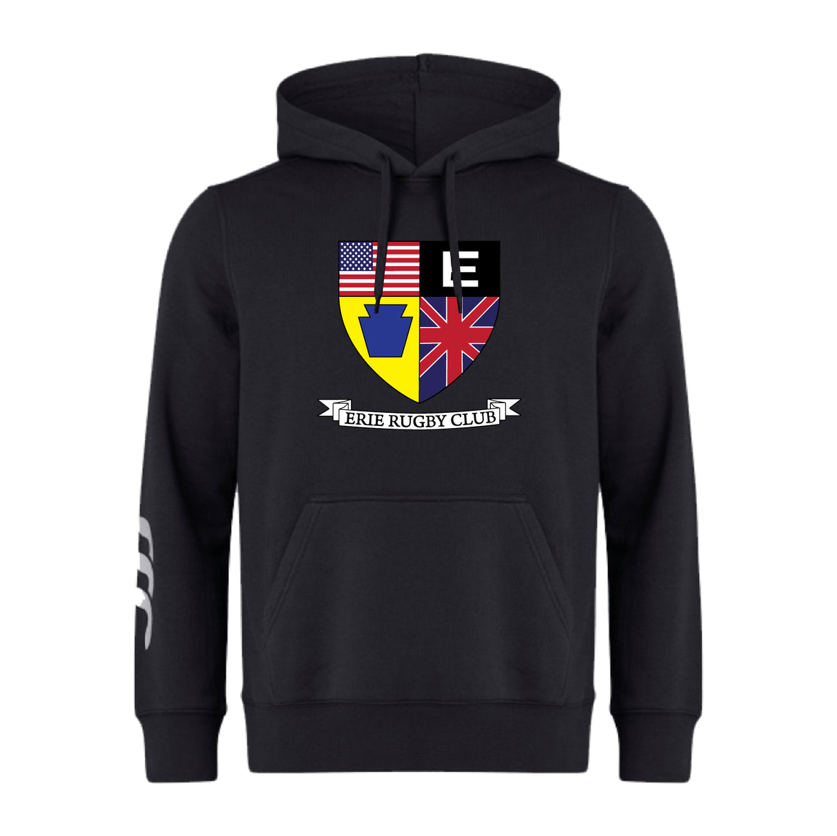The Erie Rugby Club Club Hoodie by WRS Canterbury features US, UK, and Erie flag emblems above "ERIE RUGBY CLUB" on the front, with a white sleeve design—ideal for any rugby club hoodie collection.