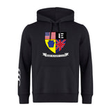 The Erie Rugby Club Club Hoodie by WRS Canterbury features US, UK, and Erie flag emblems above "ERIE RUGBY CLUB" on the front, with a white sleeve design—ideal for any rugby club hoodie collection.