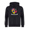 The Erie Rugby Club Club Hoodie by WRS Canterbury features US, UK, and Erie flag emblems above "ERIE RUGBY CLUB" on the front, with a white sleeve design—ideal for any rugby club hoodie collection.