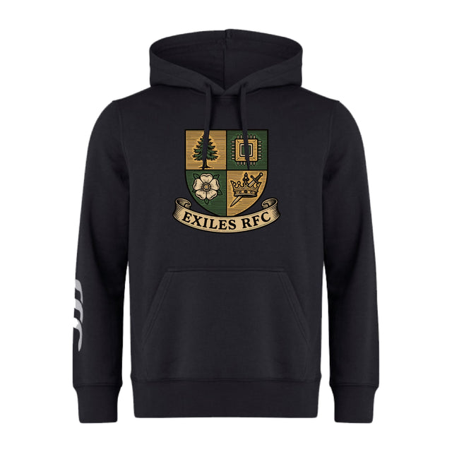 The Exiles Rugby Football Club Club Hoodie by WRS Canterbury features the club crest on the chest and three white stripes on the right sleeve—perfect for any rugby fan.