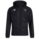 The Eagle High Mustangs Club Vaposhield Full Zip Rain Jacket by EMB Canterbury features a black, water-resistant design, zip front, white Canterbury logo on the right chest, and a green and white crest on the left chest.