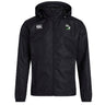 The Eagle High Mustangs Club Vaposhield Full Zip Rain Jacket by EMB Canterbury features a black, water-resistant design, zip front, white Canterbury logo on the right chest, and a green and white crest on the left chest.