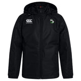 The Eagle High Mustangs Club Vaposhield Stadium Jacket by EMB Canterbury is a black, water-repellent jacket with a front zipper, Canterbury logo on the right chest, and a green/black crest—perfect for rugby stadiums.