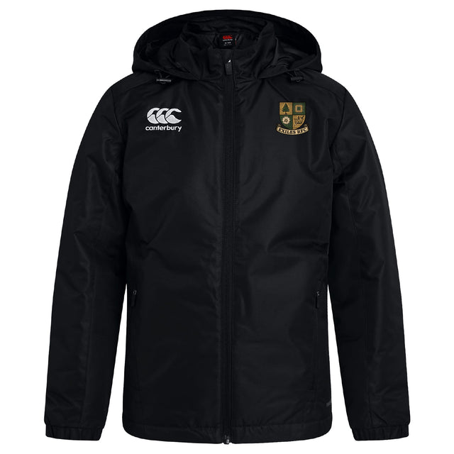 Stay dry in the Exiles Rugby Football Club Vaposhield Stadium Jacket by EMB Canterbury, featuring a hood, zip front, CCC rugby logo on the right chest, and a club crest on the left—ideal for classic rugby style.