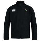 The Eagle High Mustangs Club Track Jacket by EMB Canterbury features long sleeves, a stand-up collar, the Canterbury logo on the right chest, and a green-detailed crest on the left—ideal for club wear.