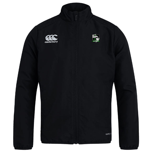 The Eagle High Mustangs Club Track Jacket by EMB Canterbury features long sleeves, a stand-up collar, the Canterbury logo on the right chest, and a green-detailed crest on the left—ideal for club wear.
