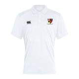 The EMB Canterbury Erie Rugby Club Club Dry Polo features short sleeves, a Canterbury logo on the right chest, and a multicolored shield crest with text on the left. Made with Vapodri Technology for breathable comfort.
