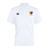 The EMB Canterbury Erie Rugby Club Club Dry Polo features short sleeves, a Canterbury logo on the right chest, and a multicolored shield crest with text on the left. Made with Vapodri Technology for breathable comfort.