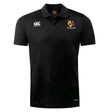 The Erie Rugby Club Club Dry Polo by EMB Canterbury is a black short-sleeve collared shirt with two chest logos, a "VAPODRI" hem label, and breathable comfort thanks to Vapodri Technology.
