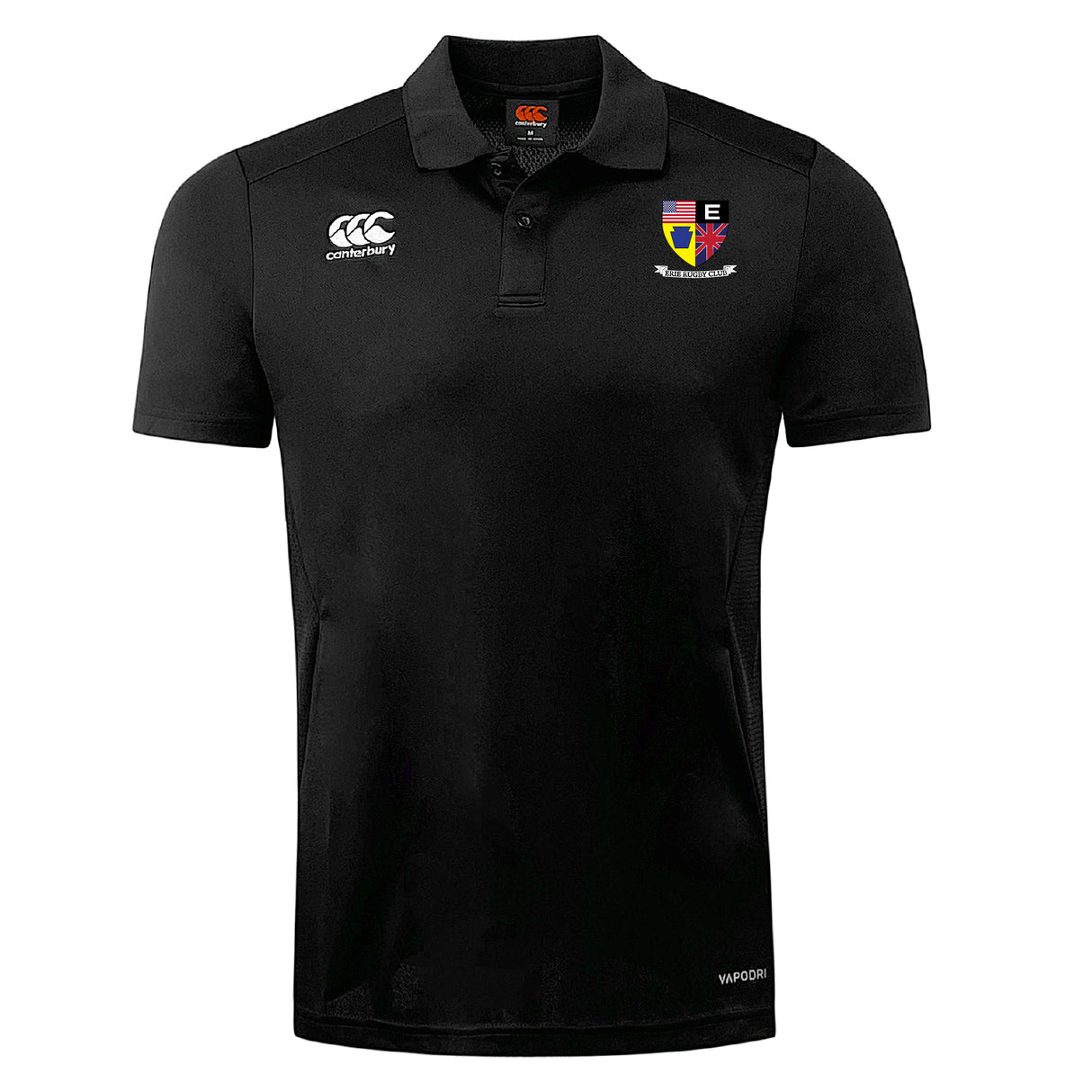 The Erie Rugby Club Club Dry Polo by EMB Canterbury is a black short-sleeve collared shirt with two chest logos, a "VAPODRI" hem label, and breathable comfort thanks to Vapodri Technology.
