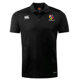 The Erie Rugby Club Club Dry Polo by EMB Canterbury is a black short-sleeve collared shirt with two chest logos, a "VAPODRI" hem label, and breathable comfort thanks to Vapodri Technology.