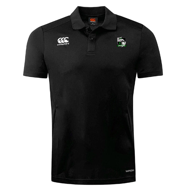 The Eagle High Mustangs Club Dry Polo by EMB Canterbury is a black, short-sleeve, collared shirt with Vapodri Technology, a white Canterbury logo on the right chest, and a green and white embroidered crest on the left chest.