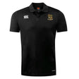 The Exiles Rugby Football Club Club Dry Polo by EMB Canterbury features a black, short-sleeve design with collar, button placket, white Canterbury logo, green and gold crest, and Vapodri Technology for lightweight breathability.