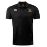The Exiles Rugby Football Club Club Dry Polo by EMB Canterbury features a black, short-sleeve design with collar, button placket, white Canterbury logo, green and gold crest, and Vapodri Technology for lightweight breathability.