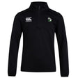 The EMB Canterbury Eagle High Mustangs Club 1/4 Zip Mid Layer Training Top features a white Canterbury logo on the right chest and a green, black, and white club crest on the left—ideal for rugby training.