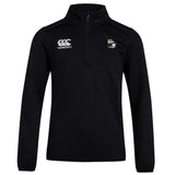 The EMB Canterbury Eagle High Mustangs Club 1/4 Zip Mid Layer Training Top features a white Canterbury logo on the right chest and a green, black, and white club crest on the left—ideal for rugby training.