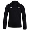 The EMB Canterbury Eagle High Mustangs Club 1/4 Zip Mid Layer Training Top features a white Canterbury logo on the right chest and a green, black, and white club crest on the left—ideal for rugby training.