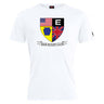 The Erie Rugby Club Club Plain Tee by WRS Canterbury is a white cotton blend shirt featuring an American and British flag crest, blue and yellow keystone, black "E," and "Erie Rugby Club" text underneath.
