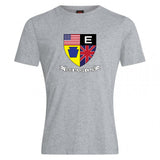 The Erie Rugby Club Club Plain Tee by WRS Canterbury is a heather gray cotton blend shirt featuring a crest with the U.S. and U.K. flags, Pennsylvania keystone, and an “E”—classic style for Erie Rugby fans. Customizable option available.