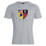The Erie Rugby Club Club Plain Tee by WRS Canterbury is a heather gray cotton blend shirt featuring a crest with the U.S. and U.K. flags, Pennsylvania keystone, and an “E”—classic style for Erie Rugby fans. Customizable option available.