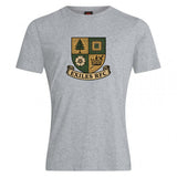 The Exiles Rugby Football Club Club Plain Tee by WRS Canterbury features a grey cotton blend and a crest with a tree, microchip, flower, crown, and "EXILES RFC" banner. This Canterbury tee offers comfort and unique style for any occasion.