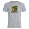 The Exiles Rugby Football Club Club Plain Tee by WRS Canterbury features a grey cotton blend and a crest with a tree, microchip, flower, crown, and "EXILES RFC" banner. This Canterbury tee offers comfort and unique style for any occasion.