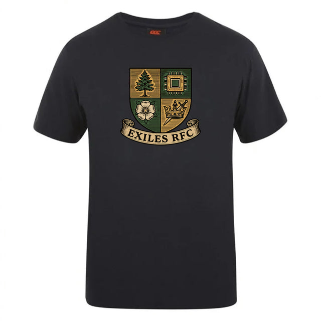 The Exiles Rugby Football Club Club Plain Tee by WRS Canterbury features a crest with a tree, flower, microchip, and crown above an "EXILES RFC" banner. This cotton blend tee offers style and comfort for everyday wear.