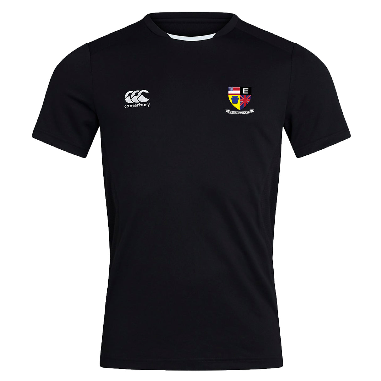 The Erie Rugby Club Dry Tee by EMB Canterbury is a black, short-sleeve sports shirt with the Canterbury logo on the right chest and a multicolored crest on the left. Vapodri Technology keeps you cool and comfortable during workouts.