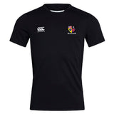 The Erie Rugby Club Dry Tee by EMB Canterbury is a black, short-sleeve sports shirt with the Canterbury logo on the right chest and a multicolored crest on the left. Vapodri Technology keeps you cool and comfortable during workouts.