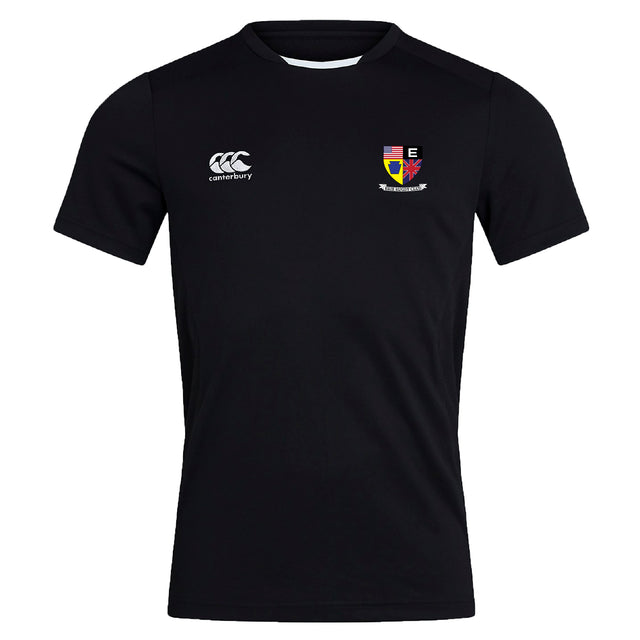 The Erie Rugby Club Dry Tee by EMB Canterbury is a black, short-sleeve sports shirt with the Canterbury logo on the right chest and a multicolored crest on the left. Vapodri Technology keeps you cool and comfortable during workouts.