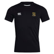 The Exiles Rugby Football Club Club Dry Tee by EMB Canterbury is a black short-sleeve workout shirt with a white Canterbury logo on the right chest and a multicolored "CETERIS" crest on the left, made with breathable fabric.