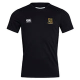 The Exiles Rugby Football Club Club Dry Tee by EMB Canterbury is a black short-sleeve workout shirt with a white Canterbury logo on the right chest and a multicolored "CETERIS" crest on the left, made with breathable fabric.