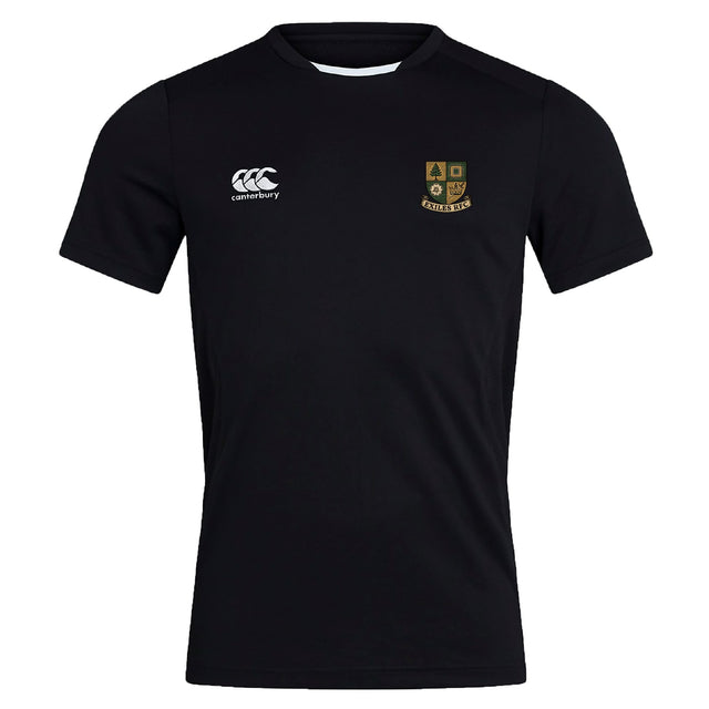 The Exiles Rugby Football Club Club Dry Tee by EMB Canterbury is a black short-sleeve workout shirt with a white Canterbury logo on the right chest and a multicolored "CETERIS" crest on the left, made with breathable fabric.