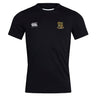 The Exiles Rugby Football Club Club Dry Tee by EMB Canterbury is a black short-sleeve workout shirt with a white Canterbury logo on the right chest and a multicolored "CETERIS" crest on the left, made with breathable fabric.