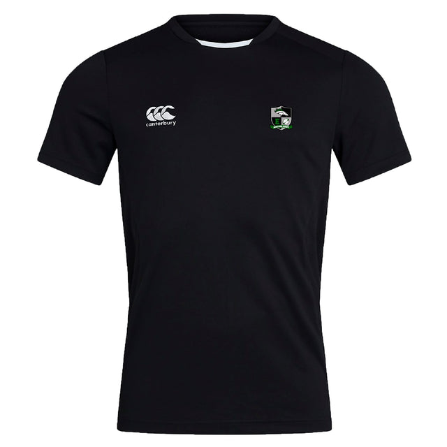 The Eagle High Mustangs Club Dry Tee by EMB Canterbury is a black sports jersey with a "Canterbury" logo on the right chest, a green and white crest on the left, and features Vapodri Technology for breathability.