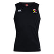 The Erie Rugby Club Club Dry Singlet by EMB Canterbury is a black sleeveless top with Vapodri Technology, featuring a small crest and two white Canterbury logos—perfect for athletic gear enthusiasts.
