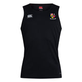 The Erie Rugby Club Club Dry Singlet by EMB Canterbury is a black sleeveless top with Vapodri Technology, featuring a small crest and two white Canterbury logos—perfect for athletic gear enthusiasts.