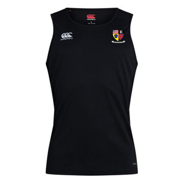 The Erie Rugby Club Club Dry Singlet by EMB Canterbury is a black sleeveless top with Vapodri Technology, featuring a small crest and two white Canterbury logos—perfect for athletic gear enthusiasts.