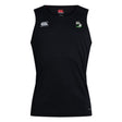 The Eagle High Mustangs Club Dry Singlet by EMB Canterbury is a black sleeveless athletic tank, featuring white Canterbury logos and a green and white shield emblem—perfect for your training sessions.