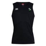 The Eagle High Mustangs Club Dry Singlet by EMB Canterbury is a black sleeveless athletic tank, featuring white Canterbury logos and a green and white shield emblem—perfect for your training sessions.