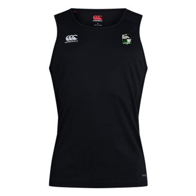 The Eagle High Mustangs Club Dry Singlet by EMB Canterbury is a black sleeveless athletic tank, featuring white Canterbury logos and a green and white shield emblem—perfect for your training sessions.