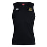 The Exiles Rugby Football Club Club Dry Singlet by EMB Canterbury is a sleeveless black athletic tank featuring a small embroidered crest, white Canterbury logo, and Vapodri Technology for superior moisture management.